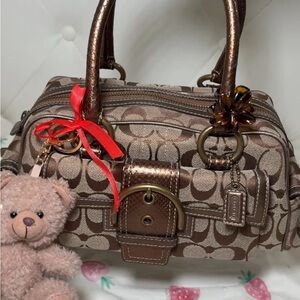 Coach Brown Signature Satchel with Teddy Charm